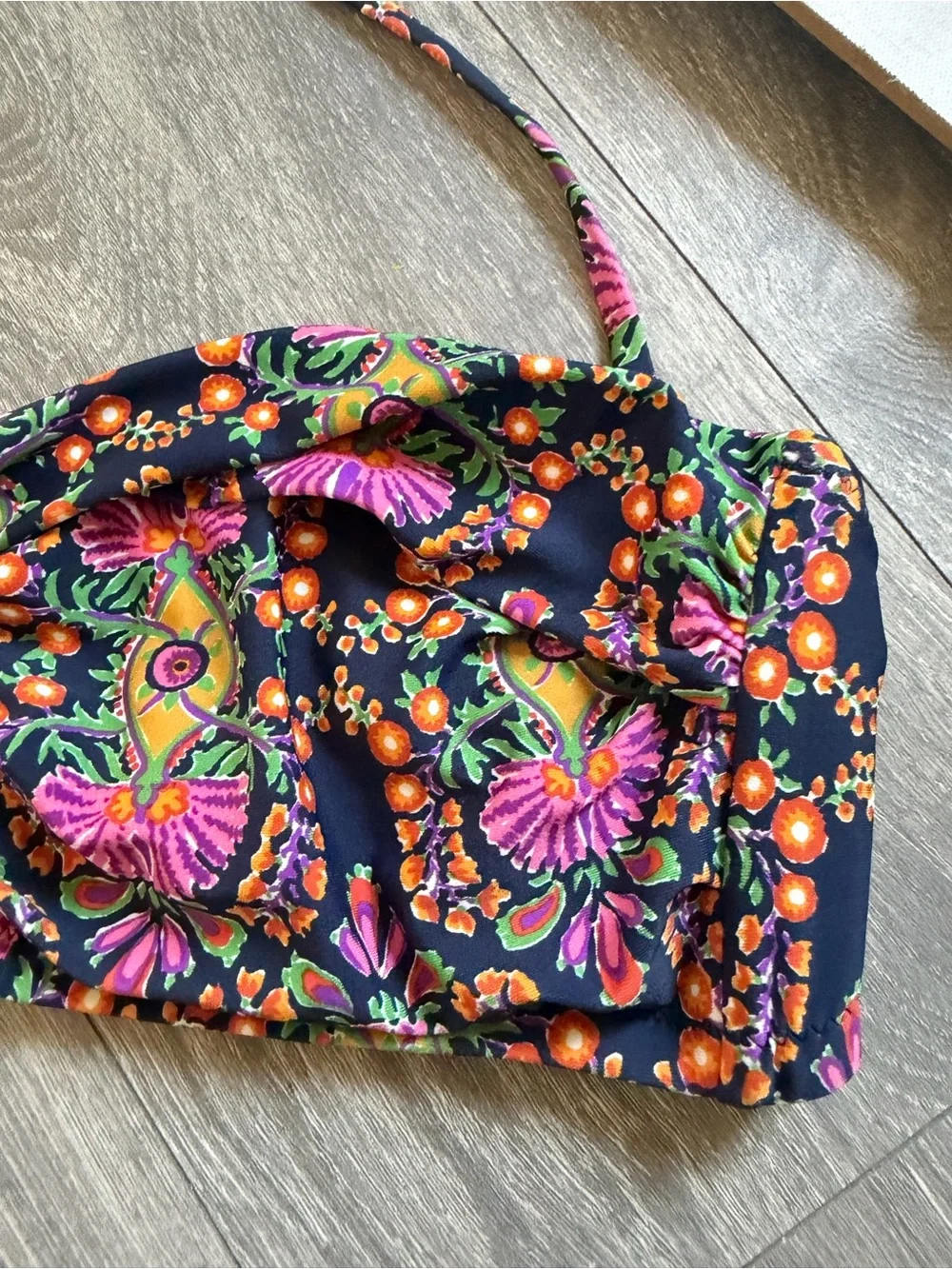 J Crew Bohemian Multicolor Floral Bandeau Bikini Top w Halter Strap. Size L